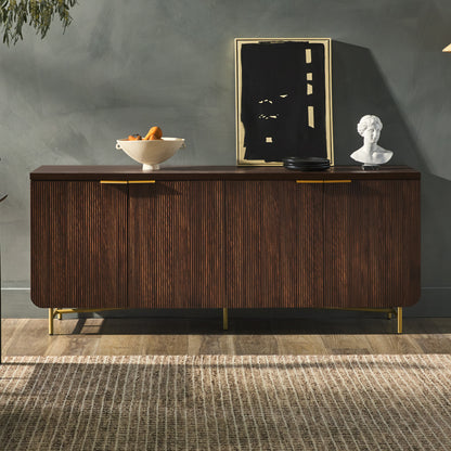 Modern Fluted-Door Minimalist Storage Sideboard – Dark Walnut / Gold