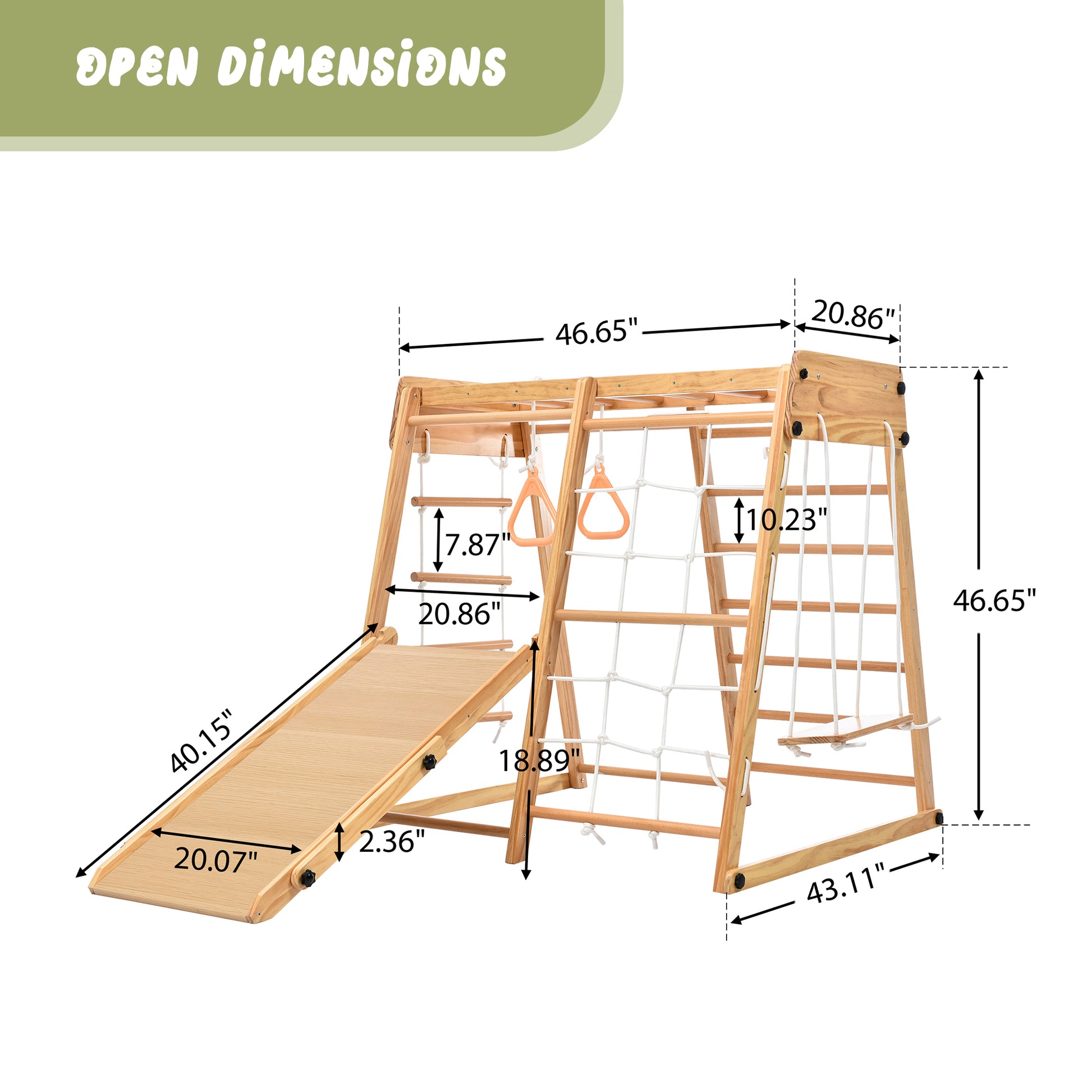 Wooden Indoor Kids Playground Jungle Gym with Slide and Play Table, Toddlers Wooden Climber 8-in-1 Slide Playset, Wooden Rock Climbing Ladder with Rope Wall, Swing Rings, Monkey Bars and Swing