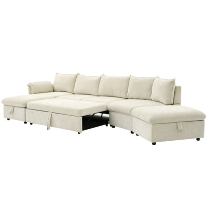 146.9" L-shaped Sofa Sectional Sofa Couch Pull-out Sofa Bed with a Movable Storage Ottoman, a Storage Chaise Lounge and Two USB Ports for Living Room, Beige