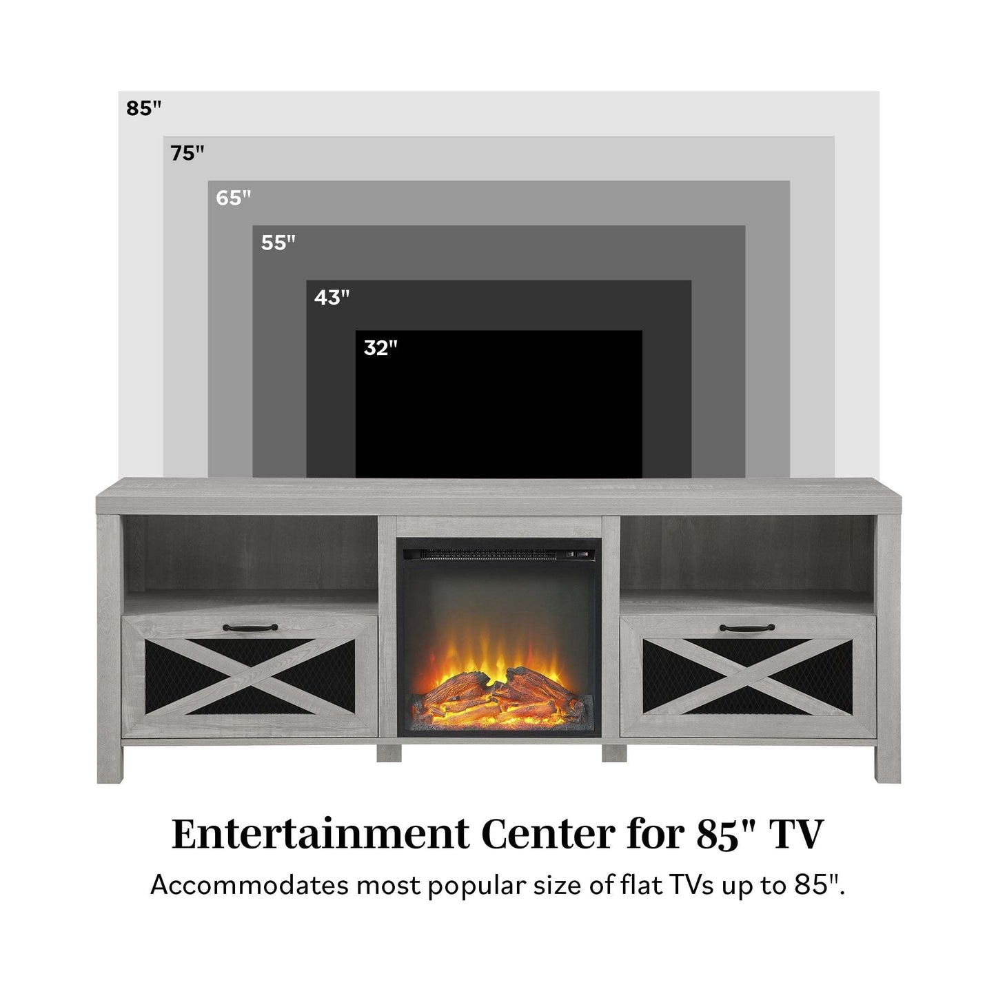 Industrial Farmhouse Metal Mesh Drop-Down X-Door 70" Fireplace TV Stand for 80" TVs - Stone Grey