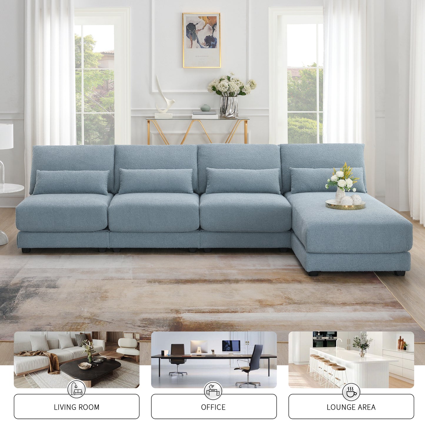 [VIDEO provided][New]120*61" Oversized Deep Seat Sectional Sofa with Reversible Chaise,Loop Yarn Fabric 5-seat Armless Indoor Furniture,Convertible L-shaped Couch for Living Room,Apartment,3 Colors