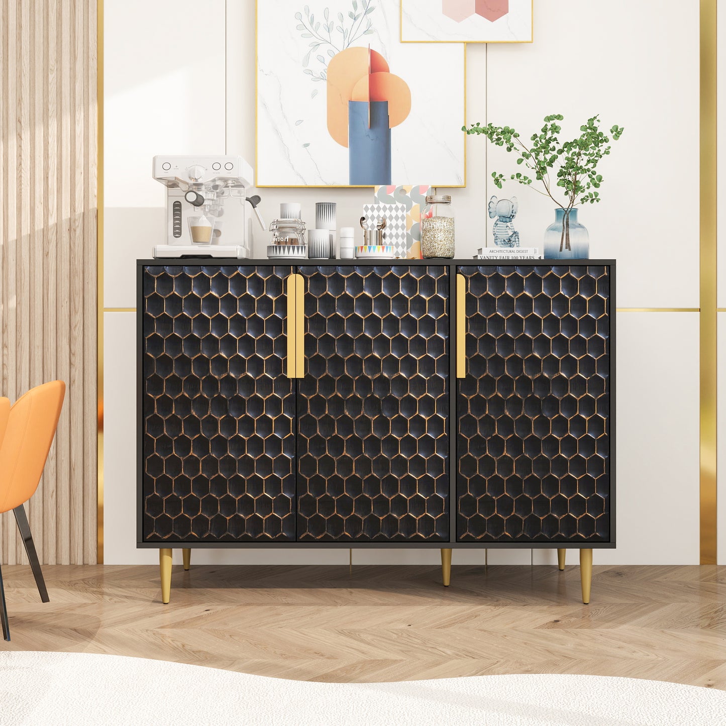 3 Door Storage Cabinet,Buffeet Sideboard with Adjustable Shelves,Honeycomb Seamless Hexagons Pattern Metal Door for Living Room,Dinging Room,Kitchen,Entrance