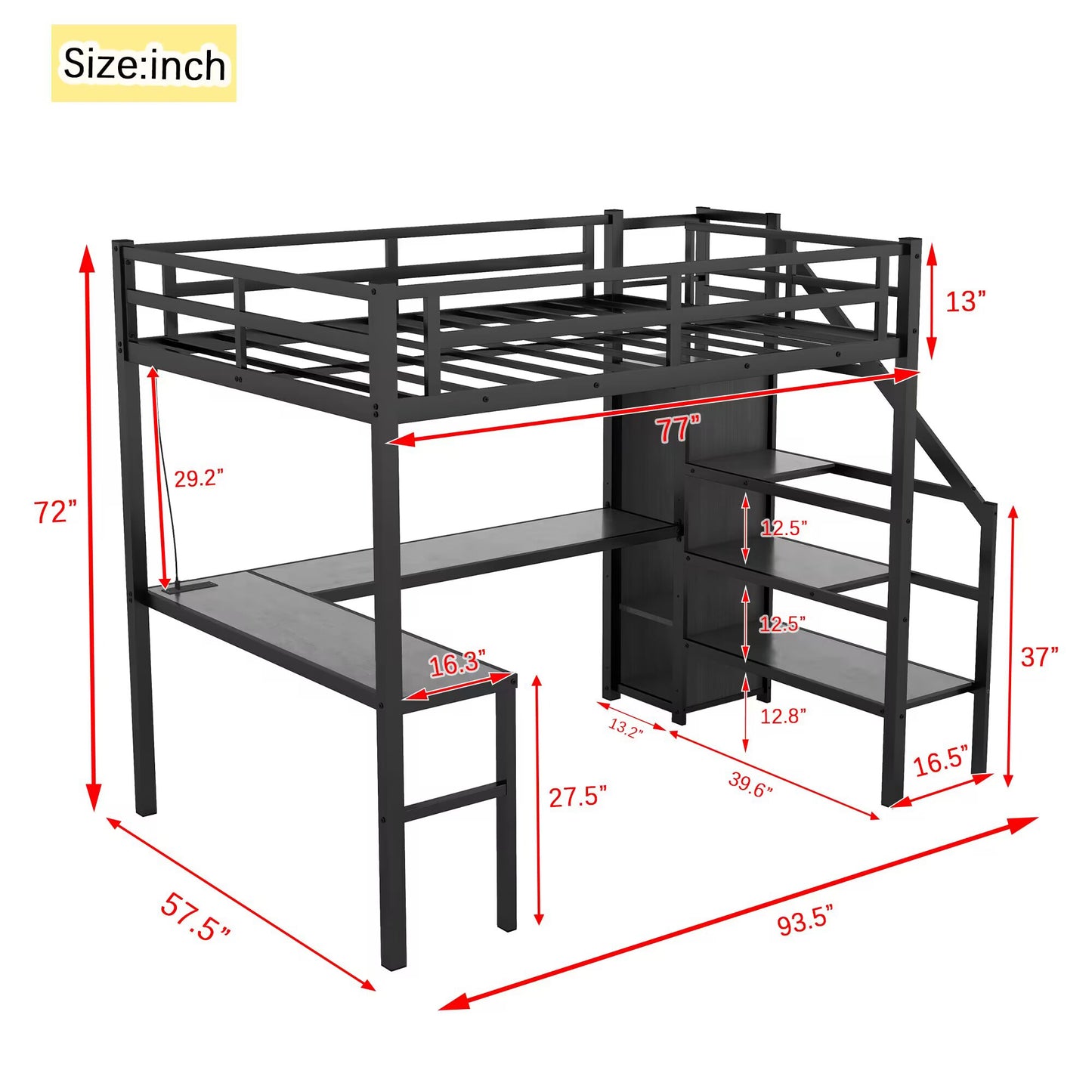 Full Size Loft Bed with L-shaped Desk and USB, Metal Loft Bed with Wardrobe and Adjustable Shelf, High Loft Bed with LED for Kids Teens Adults, Black