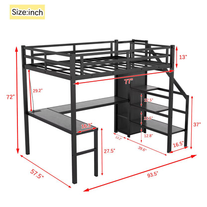 Full Size Loft Bed with L-shaped Desk and USB, Metal Loft Bed with Wardrobe and Adjustable Shelf, High Loft Bed with LED for Kids Teens Adults, Black