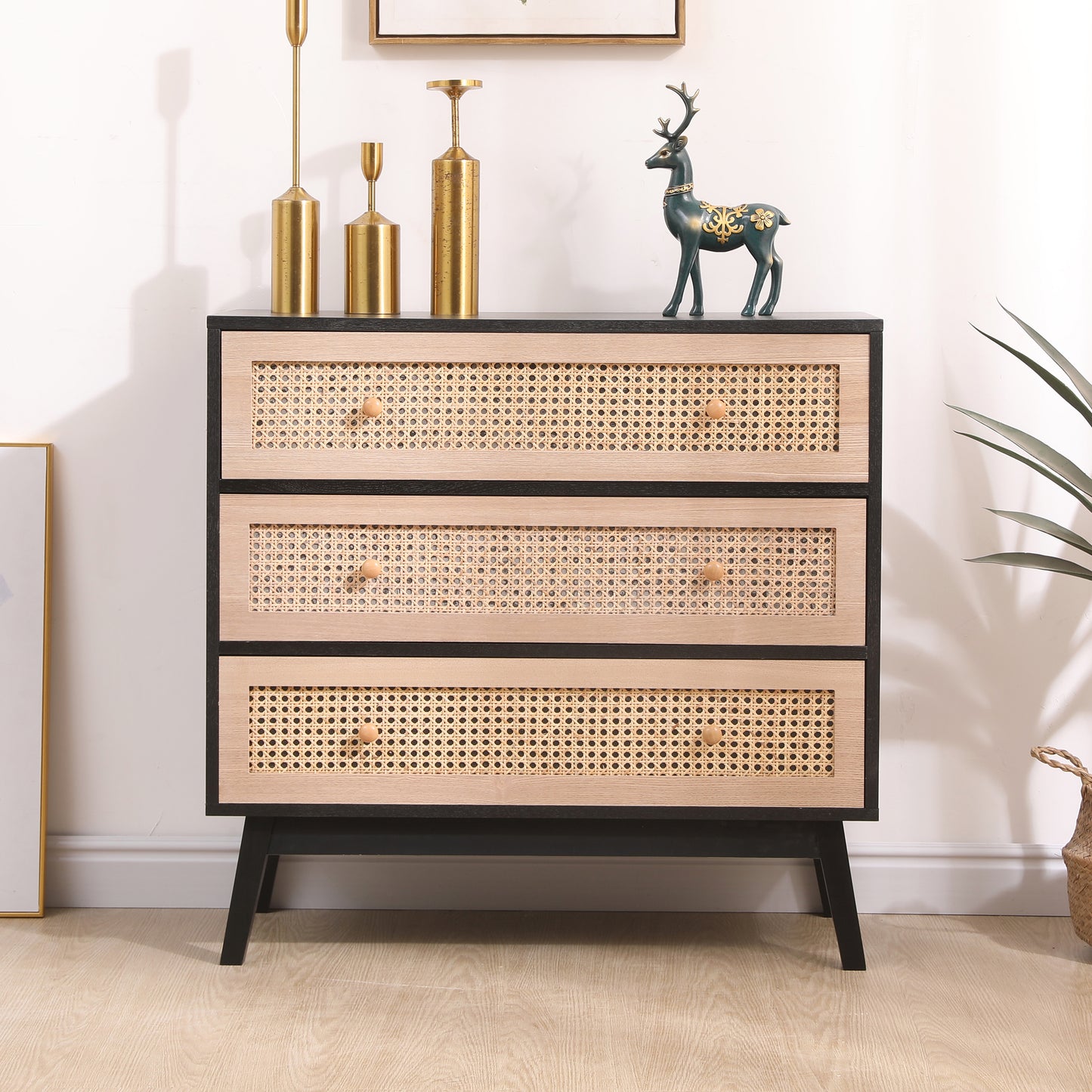 31.5 "3-Drawers Rattan Storage Cabinet Rattan Drawer,for Bedroom,Living Room,Natural drawer and black panel