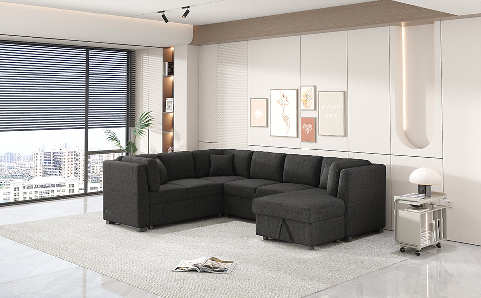 108.6" U-shaped Sectional Sofa Pull out Sofa Bed with Two USB Ports, Two Power Sockets, Three Back Pillows and a Storage Chaise for Living Room, Black