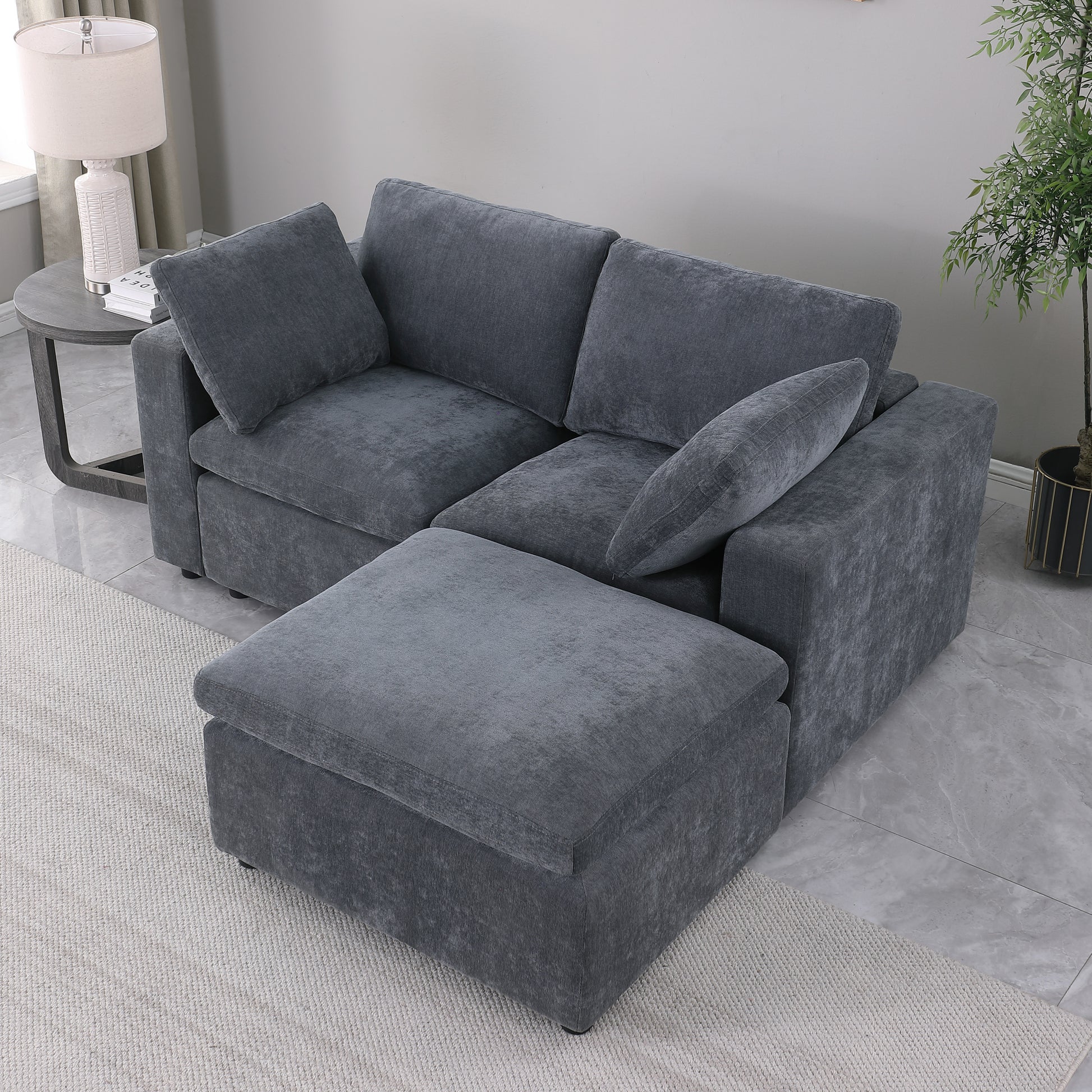 68.5" Loveseat Sofa with Ottoman Modular Sectional Love Seat Couch Small L Shaped Upholstered Couch for Living Room Apartment Small Space, Chenille Grey