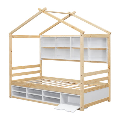 Twin House Bed with Roof Frame, Bedside-shelves, Under Bed Storage Unit,Natural