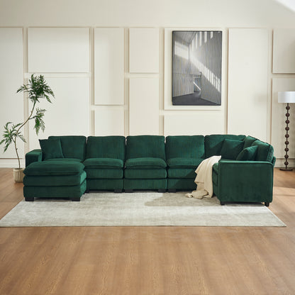 Modern U Shaped 6-seat Sectional Sofa Couch with one Ottoman and three toss pillows ,Modular Sofa for Living Room,Corduroy sofa