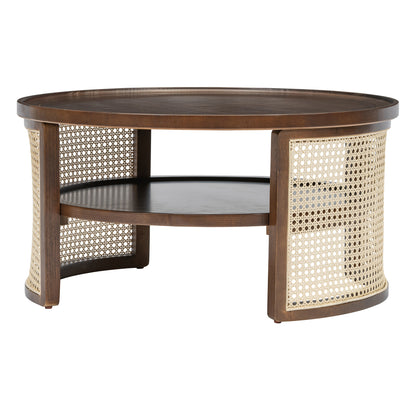 2-Tiered Round Walnut Wood Coffee Table with Storage Rattan Base in 31.3''