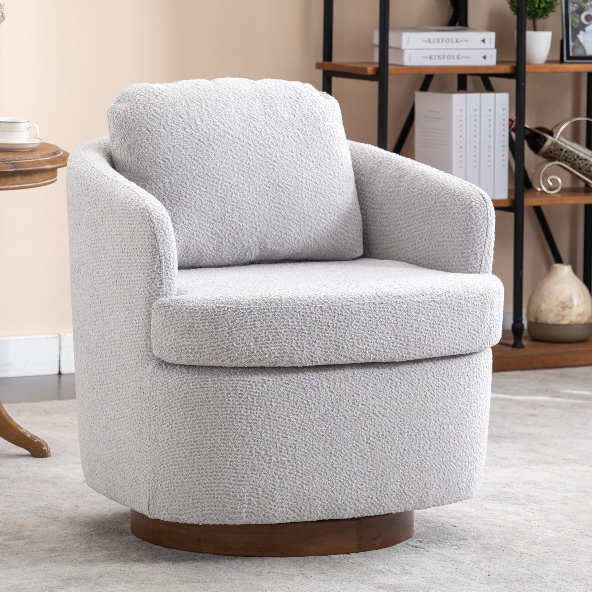 035-Boucle Fabric Swivel Accent Chair With Soild Wood Round Brown Base Leg,Light Gray