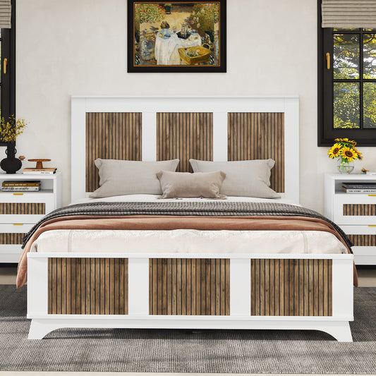 Farmhouse Wooden Platform Queen Size Bed, Modern Platform Bed with Wooden Strip Decoration, Plywood Slats Support, White