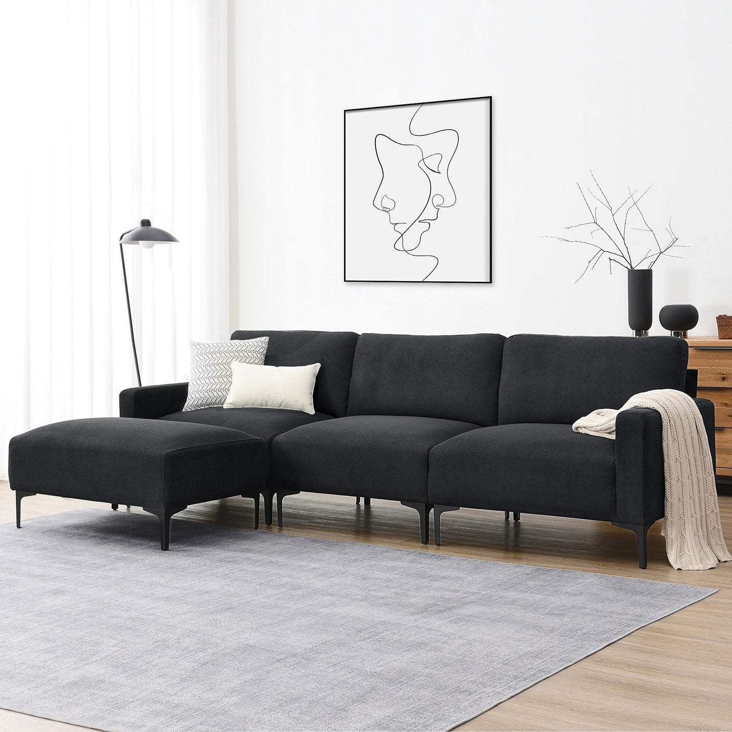 Modern Velvet L-Shaped Sectional Sofa, 4-Seater, Convertible Ottoman, Freely Combinable Sofa