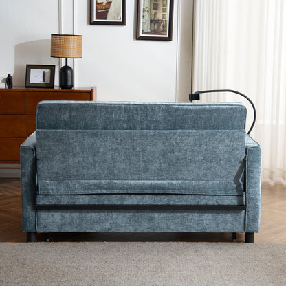 56.9" Loveseat Sofa Pull-out Sofa Bed Sleeper Sofa with a Reversible Backrest Cushion, Side Pockets, Two USB Ports and a Phone Holder for Living Room, Blue