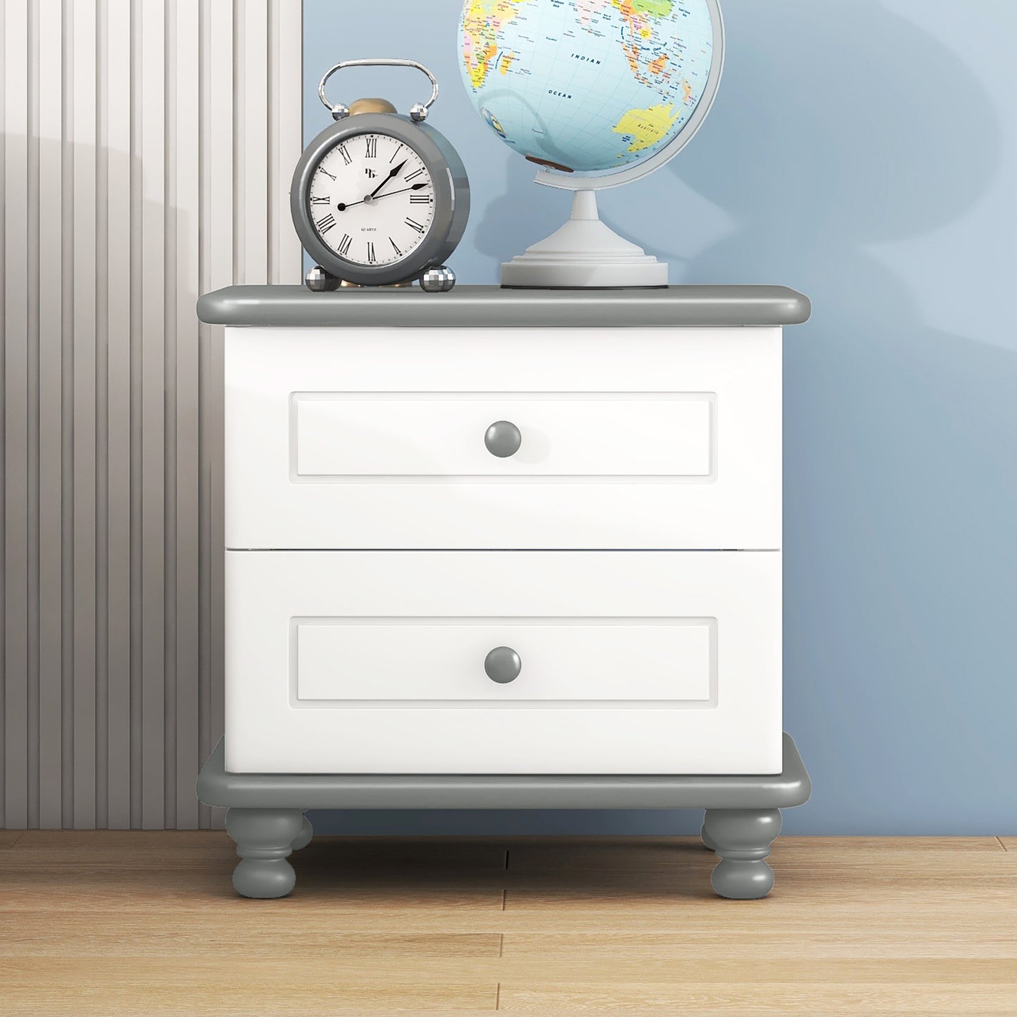 Wooden Nightstand with Two Drawers for Kids,End Table for Bedroom,White+Gray