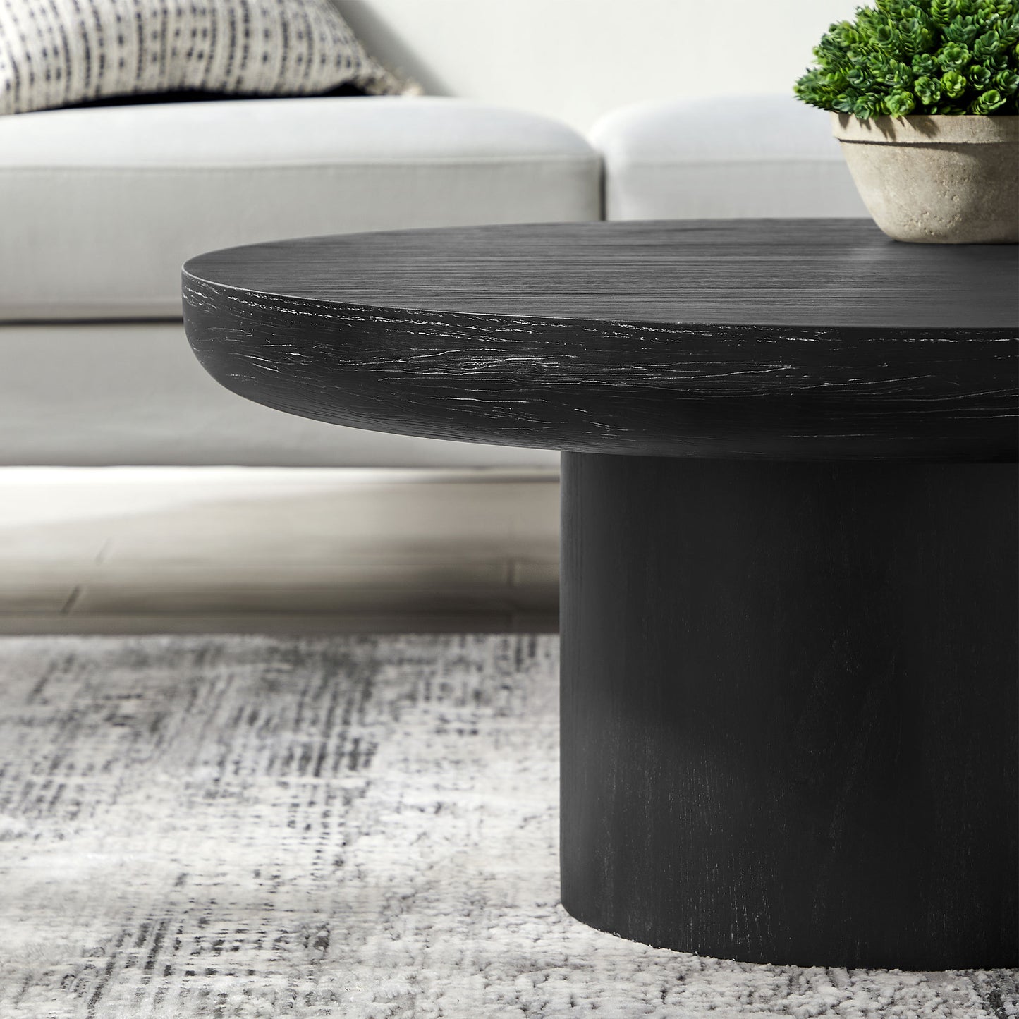 35.98inch Round Coffee Table with Cylindrical Leg,Wood Veneer Tabletop Table,Rounded  Sofa Side Table for living Room Office,Black