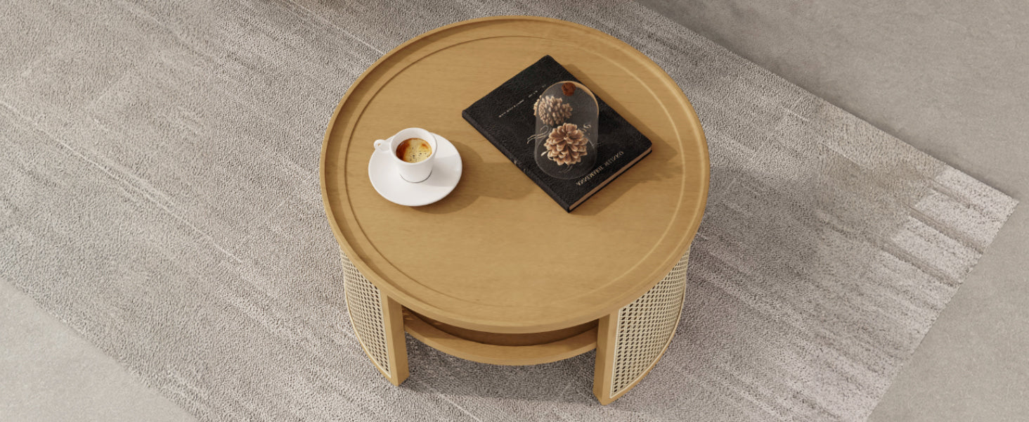 2-Tiered Round Natural Wood Coffee Table with Storage Rattan Base in 31.3''