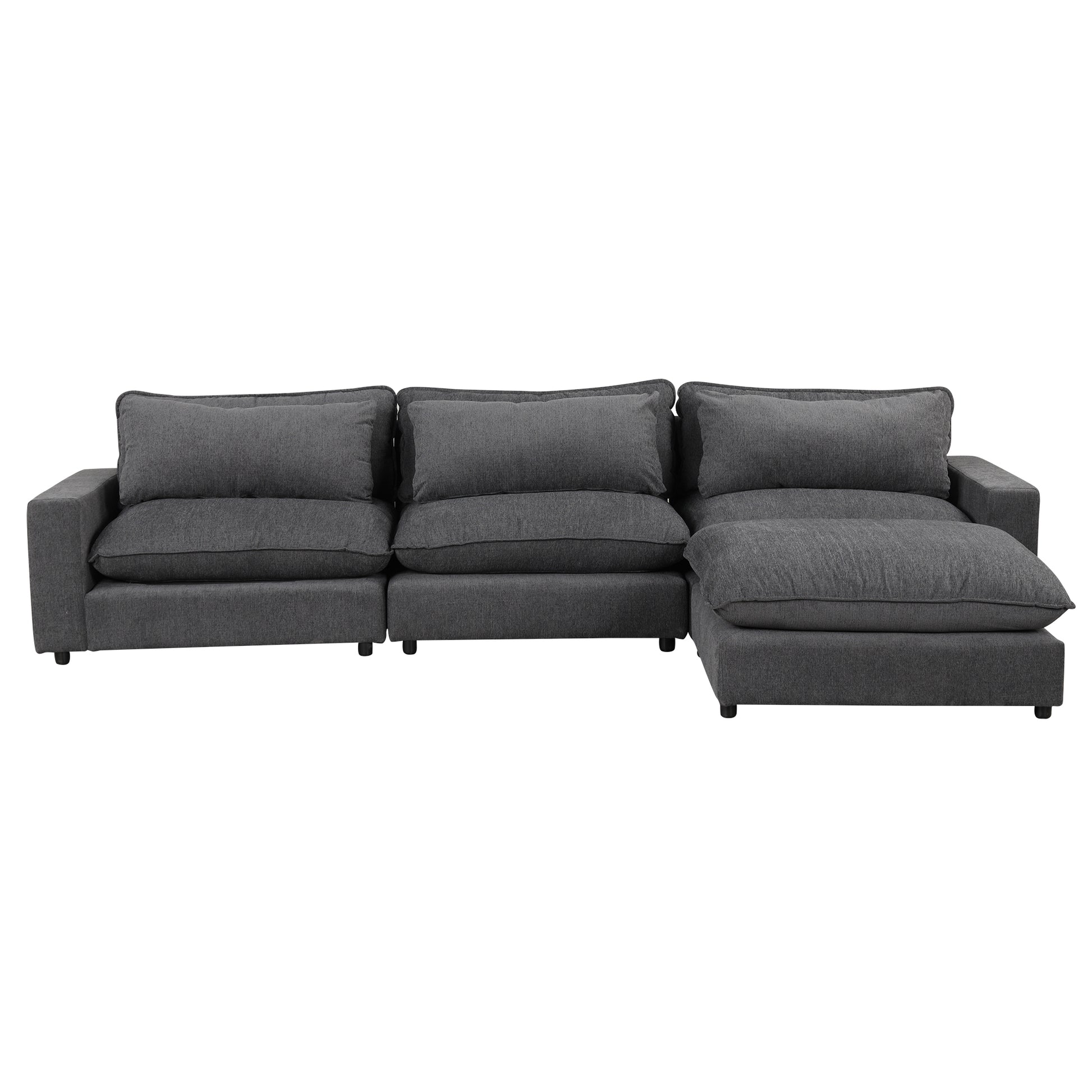 128" Sectional Sofa Cloud Sofa Chenille Upholstered Sofa  Couch with Movable Ottoman, Comfortable Seat Cushions, Charging Ports and Three Back Pillows for Living Room, Grey