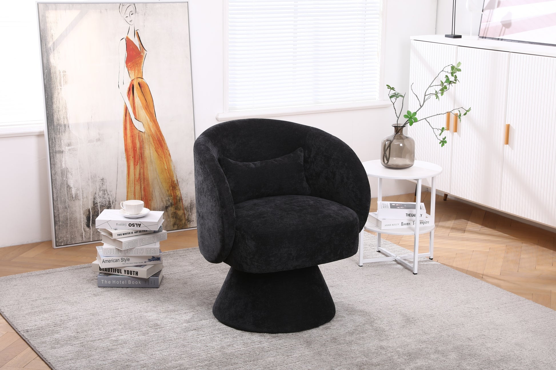 Swivel Accent Chair Armchair, Round Barrel Chair in Fabric for Living Room Bedroom(Black)