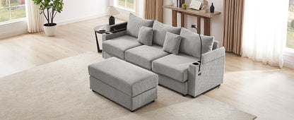 95.3" Modern Style 3-Seater Sofa Sectional Sofa Couch with Storage Space, A Movable Ottoman, Two USB Ports, Two Cup Holders, A Phone Holder for Living Room, Grey