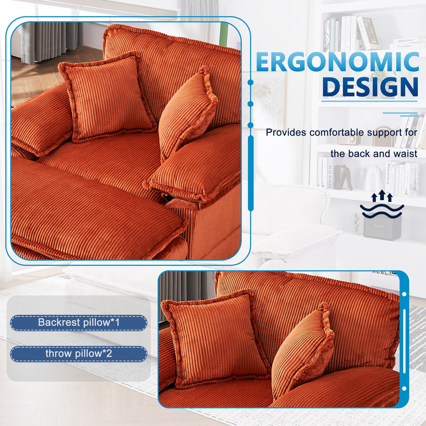 56.3 Inch Corduroy single sofa With  2 toss pillows and a ottoman ,Comfy Sofa- Deep Seat Couch for Living Room