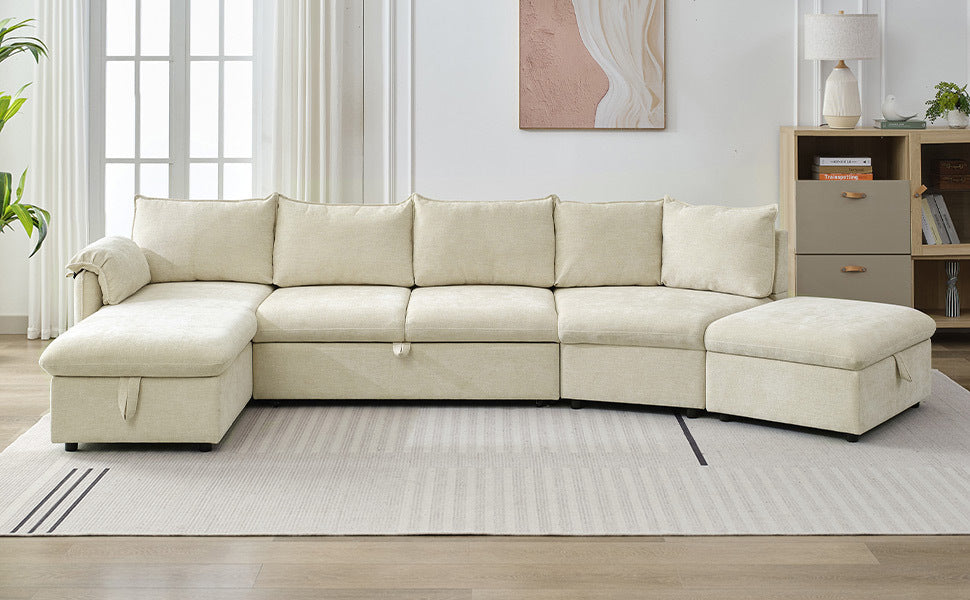 146.9" L-shaped Sofa Sectional Sofa Couch Pull-out Sofa Bed with a Movable Storage Ottoman, a Storage Chaise Lounge and Two USB Ports for Living Room, Beige