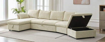 146.9" L-shaped Sofa Sectional Sofa Couch Pull-out Sofa Bed with a Movable Storage Ottoman, a Storage Chaise Lounge and Two USB Ports for Living Room, Beige