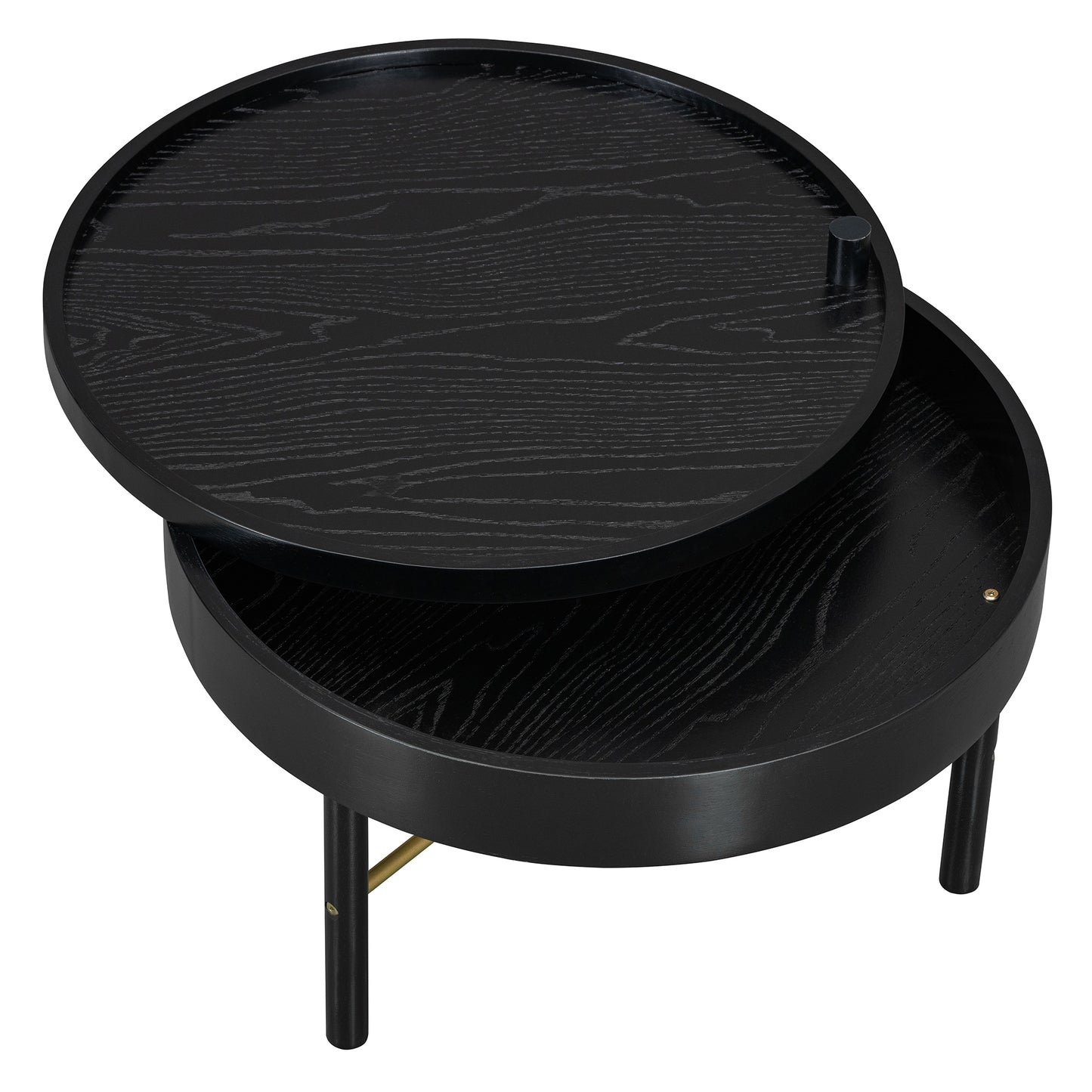 Modern Round Wood Rotating Tray Coffee Table with Storage & Metal Legs in Black