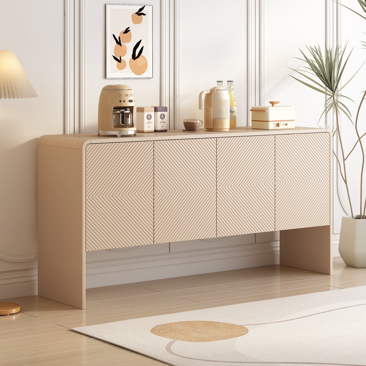 TREXM Minimalist Style 60"L Large Storage Space Sideboard Cabinet with 4 Doors and Rebound Device for Living Room and Entryway (Apricot Cream)