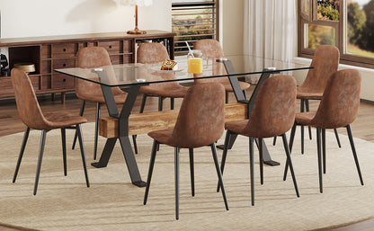 Dining table. Modern tempered glass dining table. Large modern office desk with black metal legs and MDF crossbars, suitable for home and office use. 8 high-end cushioned seats.F1105  B0501A