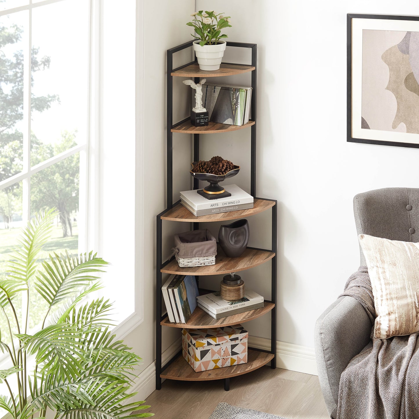 6-Tier Corner Open Shelf Modern Bookcase Wood Rack Freestanding Shelving Unit,Plant Album Trinket Sturdy Stand Small Bookshelf Space-Saving for Living Room Home Office Kitchen Small Space Rustic Brown