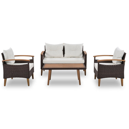 GO 4-Piece Garden Furniture,  Patio Seating Set, PE Rattan Outdoor Sofa Set, Wood Table and Legs, Brown and Beige