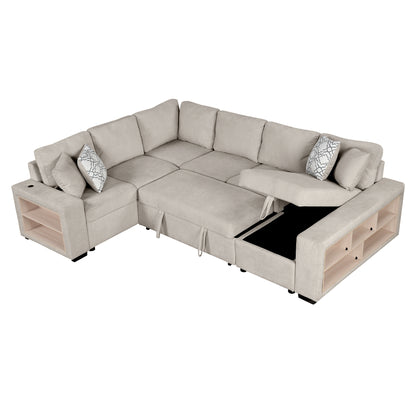 109" U-shaped Sectional Sofa Pull-out Sofa Bed with Two USB Ports, a Storage Chaise Lounge and Four Back Pillows for Living Room, Beige