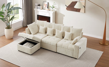 96.45"Sectional sofa Modular Sofa Couch with Three USB Ports, a Removable Storage Ottoman and Five Back Pillows for Living Room, Beige