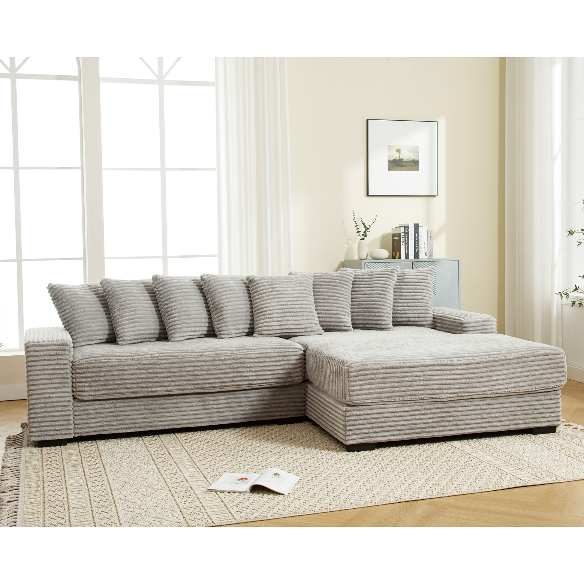 [NEW ARRIVED] [VIDEO PROVIDED] Oversized Two-Piece Couches, L Shaped Sofa, Corduroy, Right Chaise Daybed,with Armrests,Eight Throw Pillows,Corner Sofa,Easy To Assemble, Gray