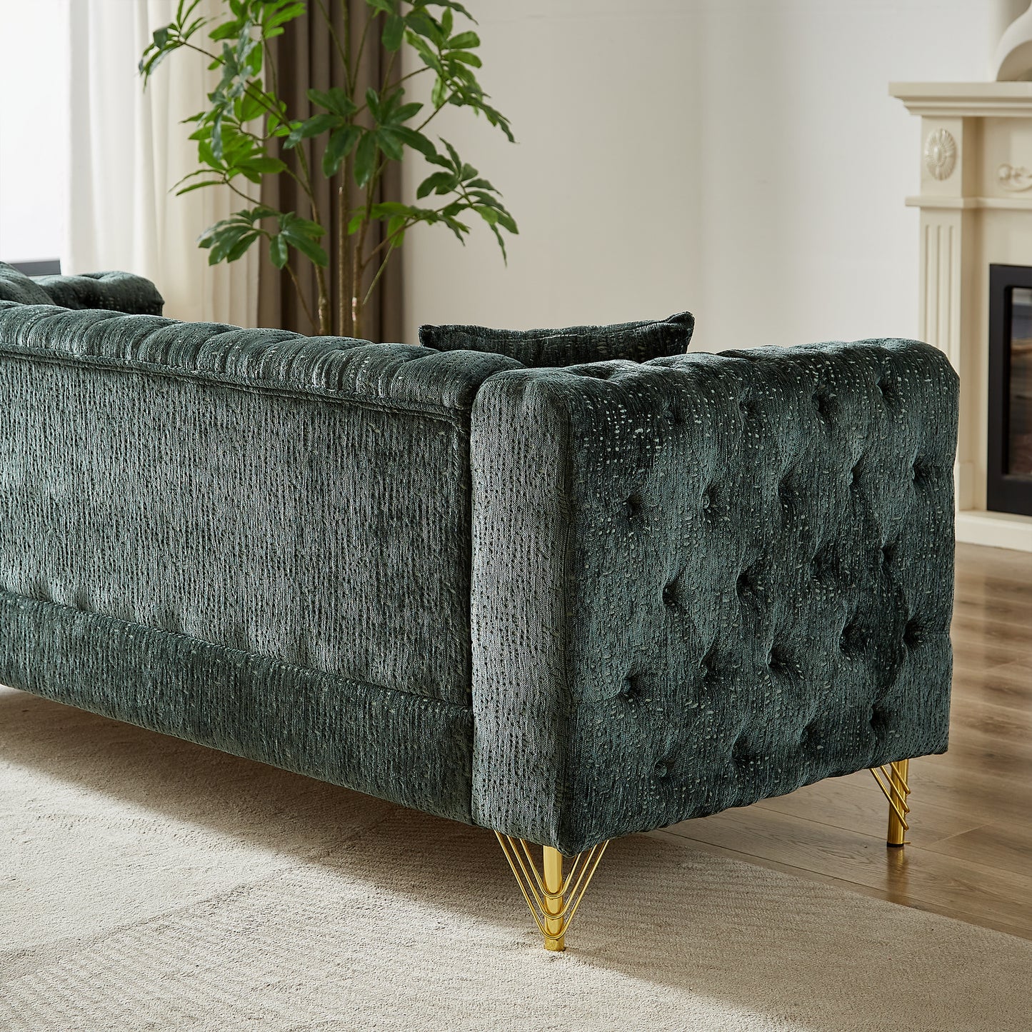 Chenille Pull Buckle Design Sofa for Living Room,Buttons Tufted With Copper Nail Decoration Armrest, Modern Couch Upholstered Button And Metal Legs