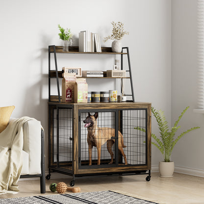 Furniture type dog cage iron frame door with cabinet, two door design, Rustic Brown,37.99"WX27.36"DX59.92"H