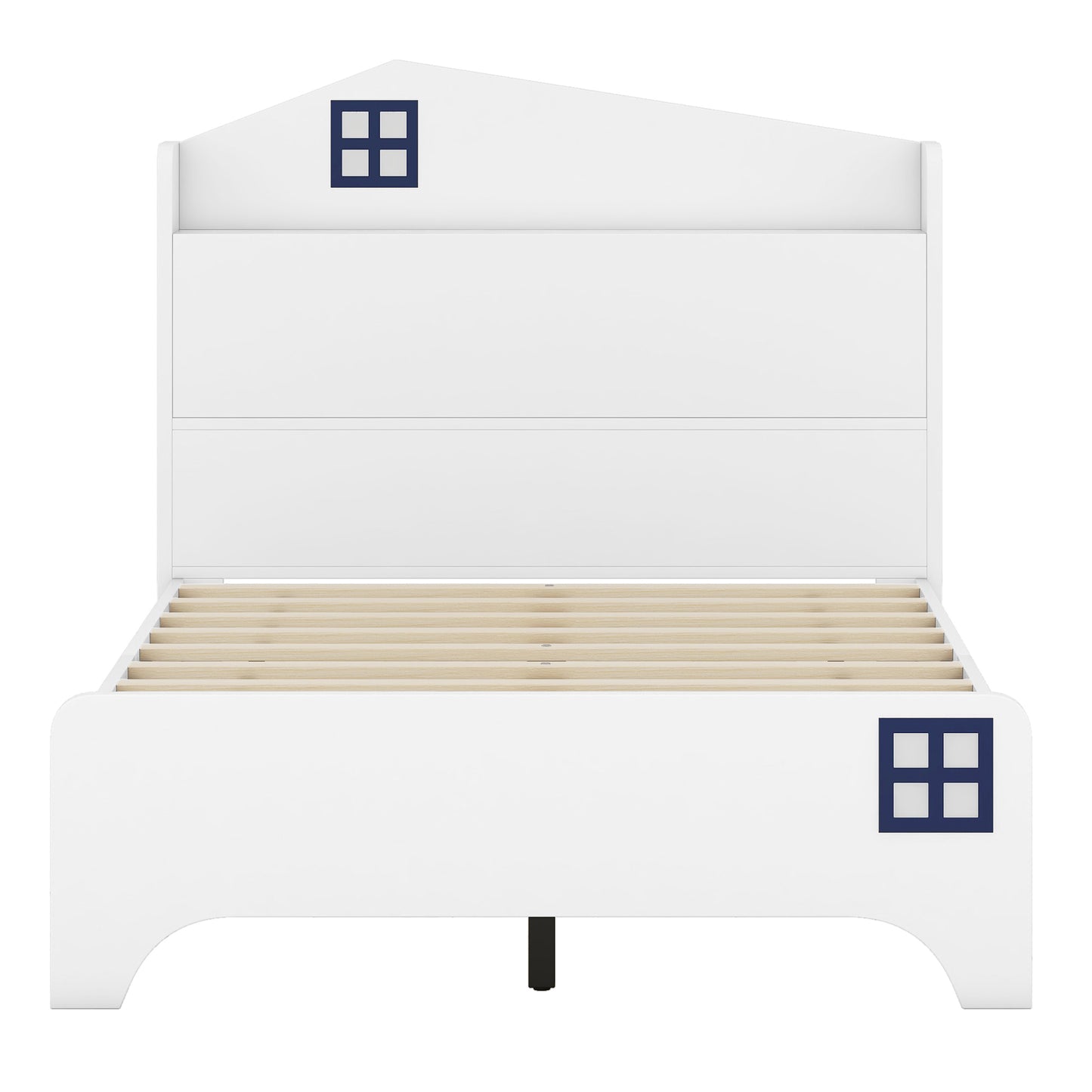 Wooden Twin Size House Bed with Storage Headboard ,Kids Bed with Storage Shelf, White