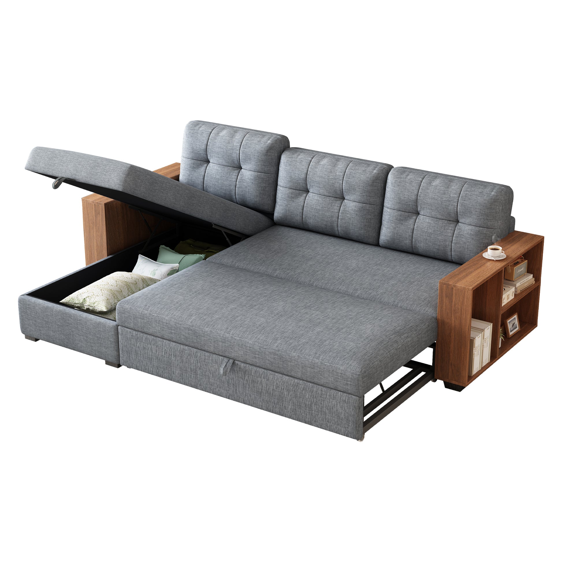 Upholstered Pull Out Sectional Sofa with Storage Chaise, Convertible Corner Couch, Light Grey-Wooden handrail