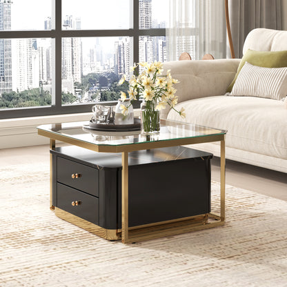 Modern 2 Pieces Black  Square Nesting  Coffee Table with Drawers & Electroplated gold legs in 27.6''