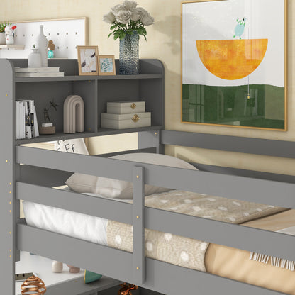 Twin Over Twin Bunk Beds with Bookcase Headboard, Solid Wood Bed Frame with Safety Rail and Ladder, Kids/Teens Bedroom, Guest Room Furniture, Can Be converted into 2 Beds, Grey