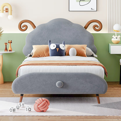 Twin Size Upholstered Platform Bed with Sheep-Shaped Headboard, Gray