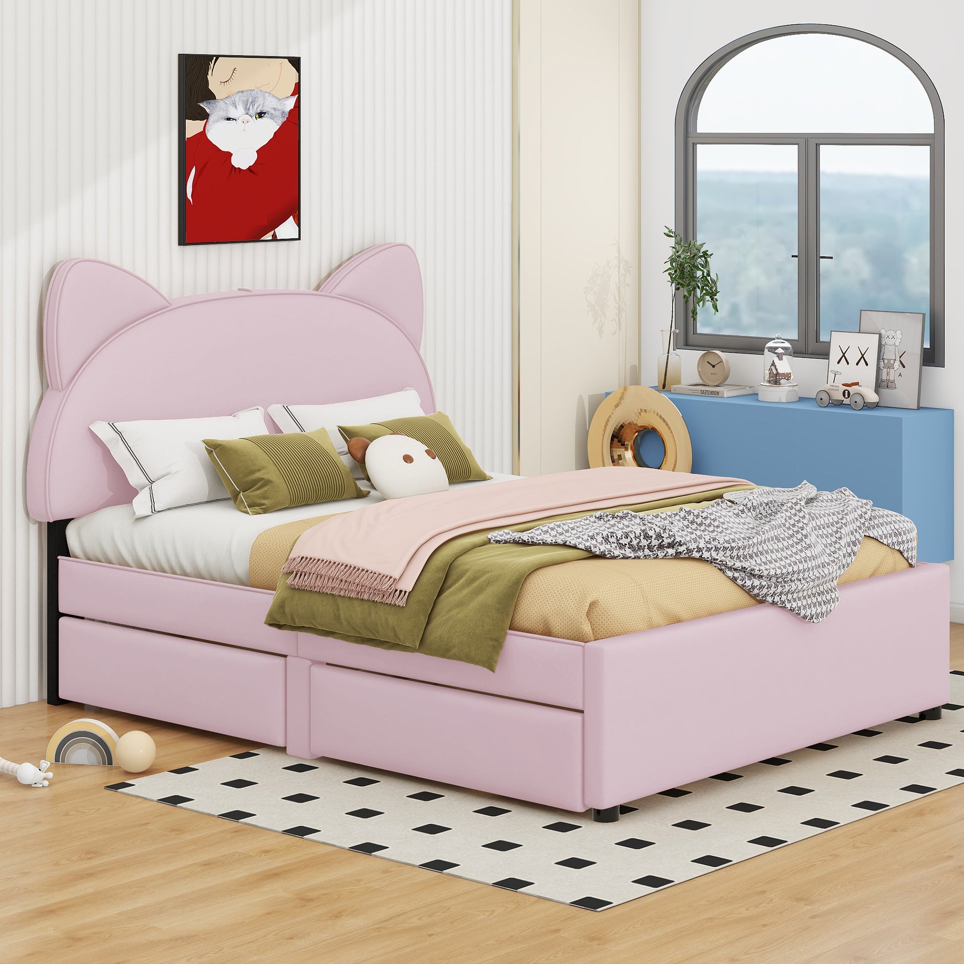 Full Size Upholstered Platform Bed with Cartoon Ears Shaped Headboard and 2 Drawers, Pink