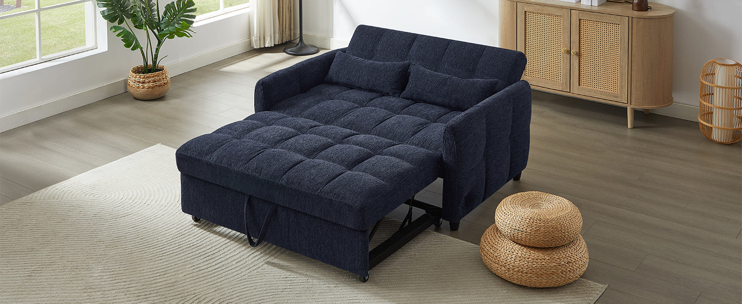 52.8" Loveseat Sofa Pull-out Sofa Bed Tufted Sleeper Sofa with an Adjustable Backrest, Three USB Ports and Two Lumbar Pillows for Living Room, Blue