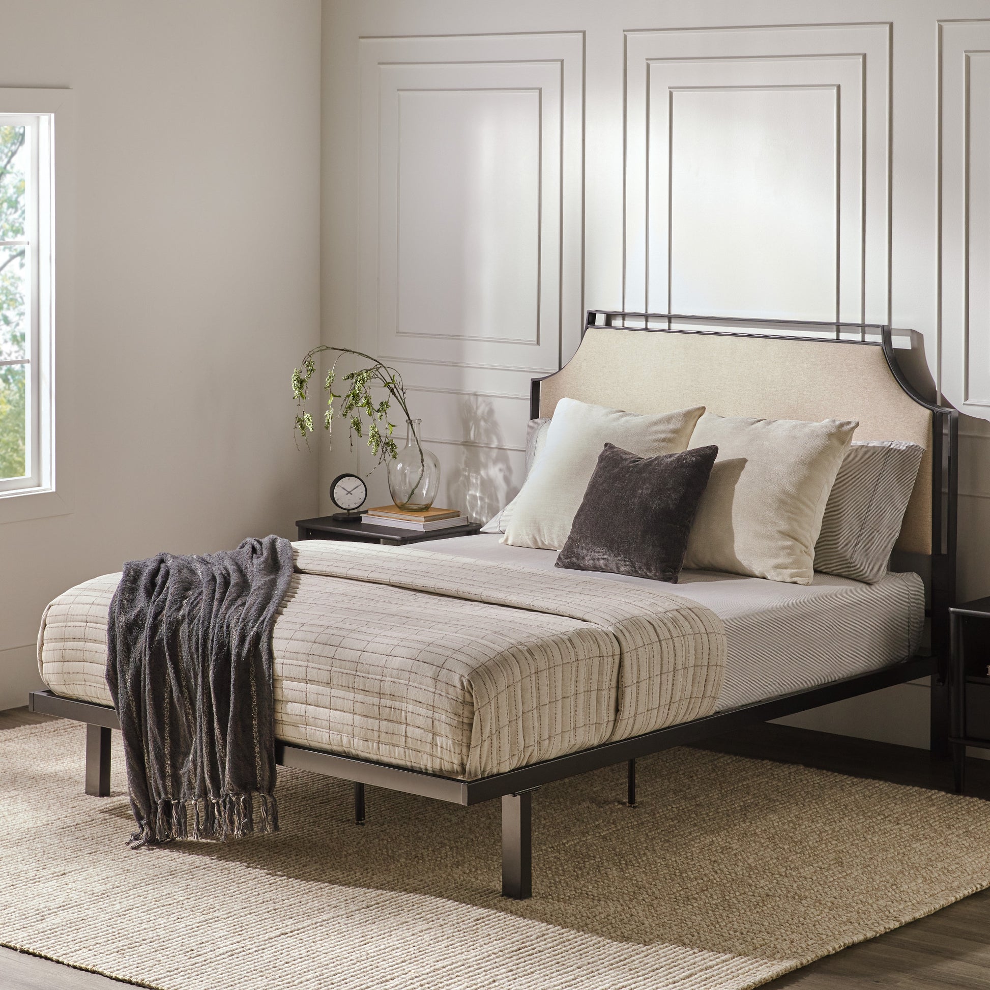 Traditional Upholstered Metal Queen Bedframe – Tan