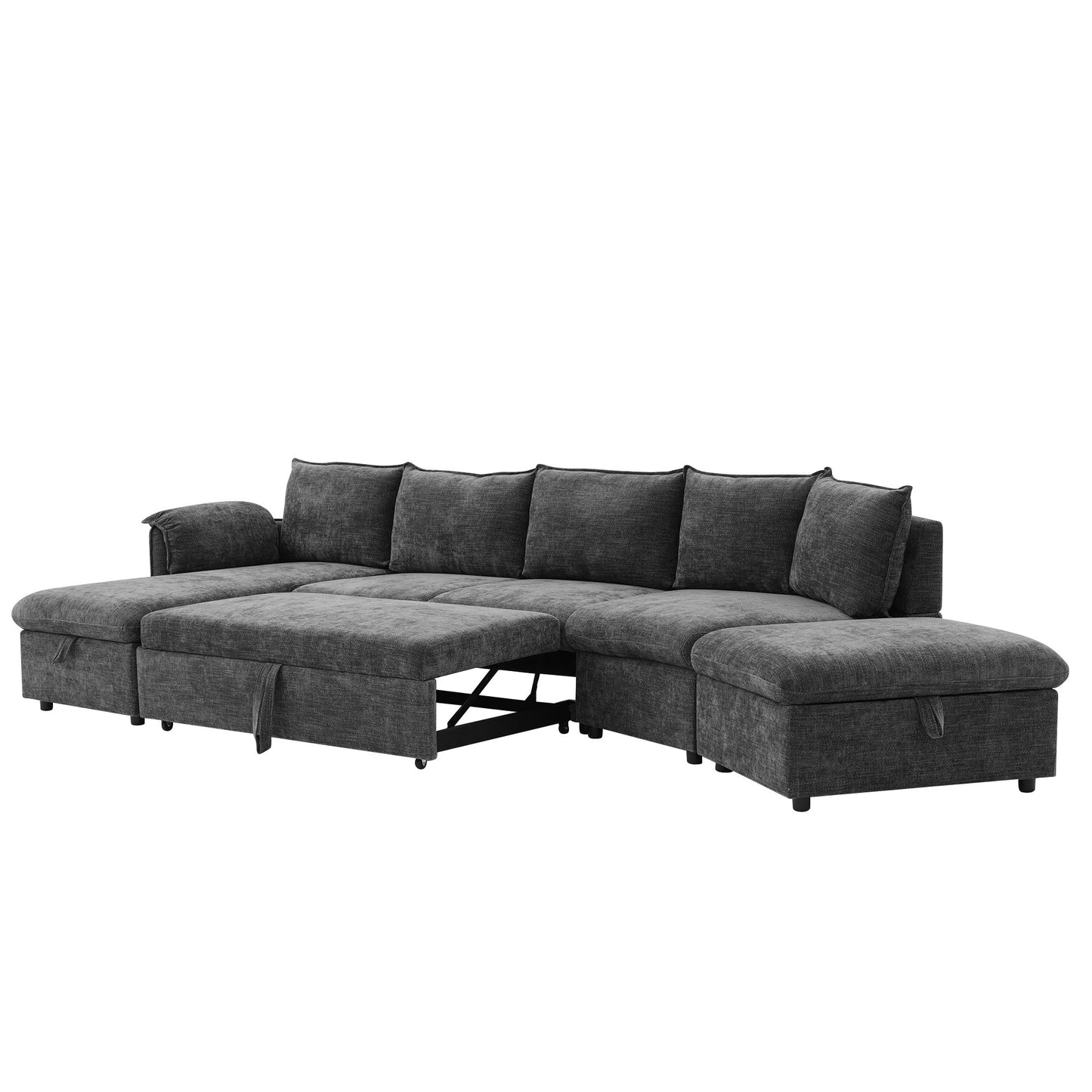 146.9" L-shaped Sofa Sectional Sofa Couch Pull-out Sofa Bed with a Movable Storage Ottoman, a Storage Chaise Lounge and Two USB Ports for Living Room, Grey