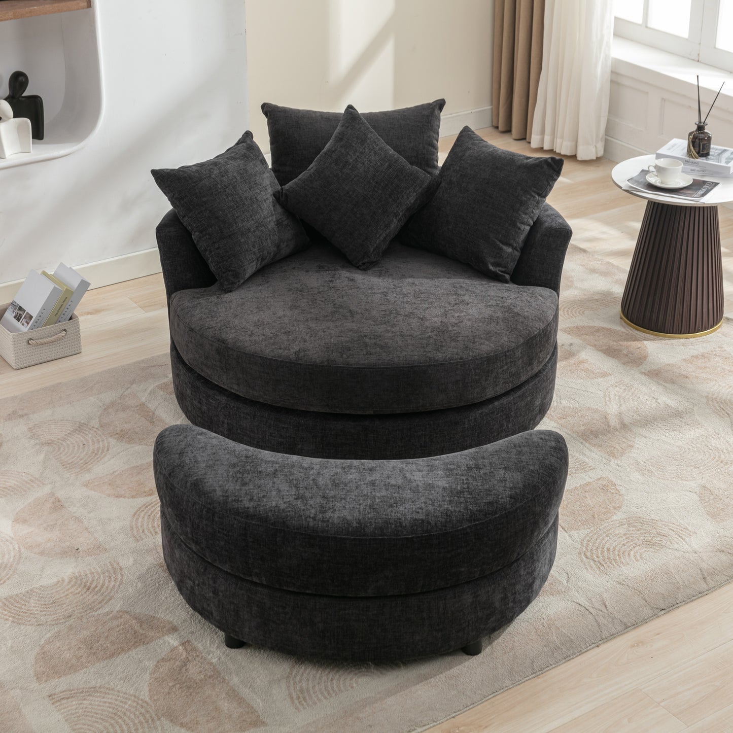 Orisfur. 360° Swivel Accent Barrel Chair with Storage Ottoman & 4 Pillows, Modern Chenille Leisure Chair Round Accent for Living Room, Gray