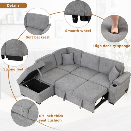 84.75" Sleeper Sofa Bed,2 in 1 Pull Out sofa bed L Shape Couch with Storage Ottoman for Living Room,Bedroom Couch and Small Apartment, Gray