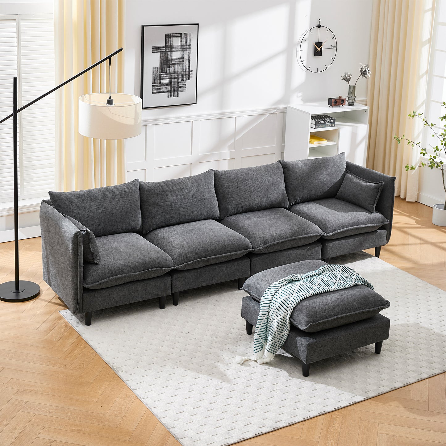 Modular Sectional Sofa,  L Shaped Couch Set for Living Room, 4-Seater Comfy Cloud Couches with Movable Ottoman Dark Grey