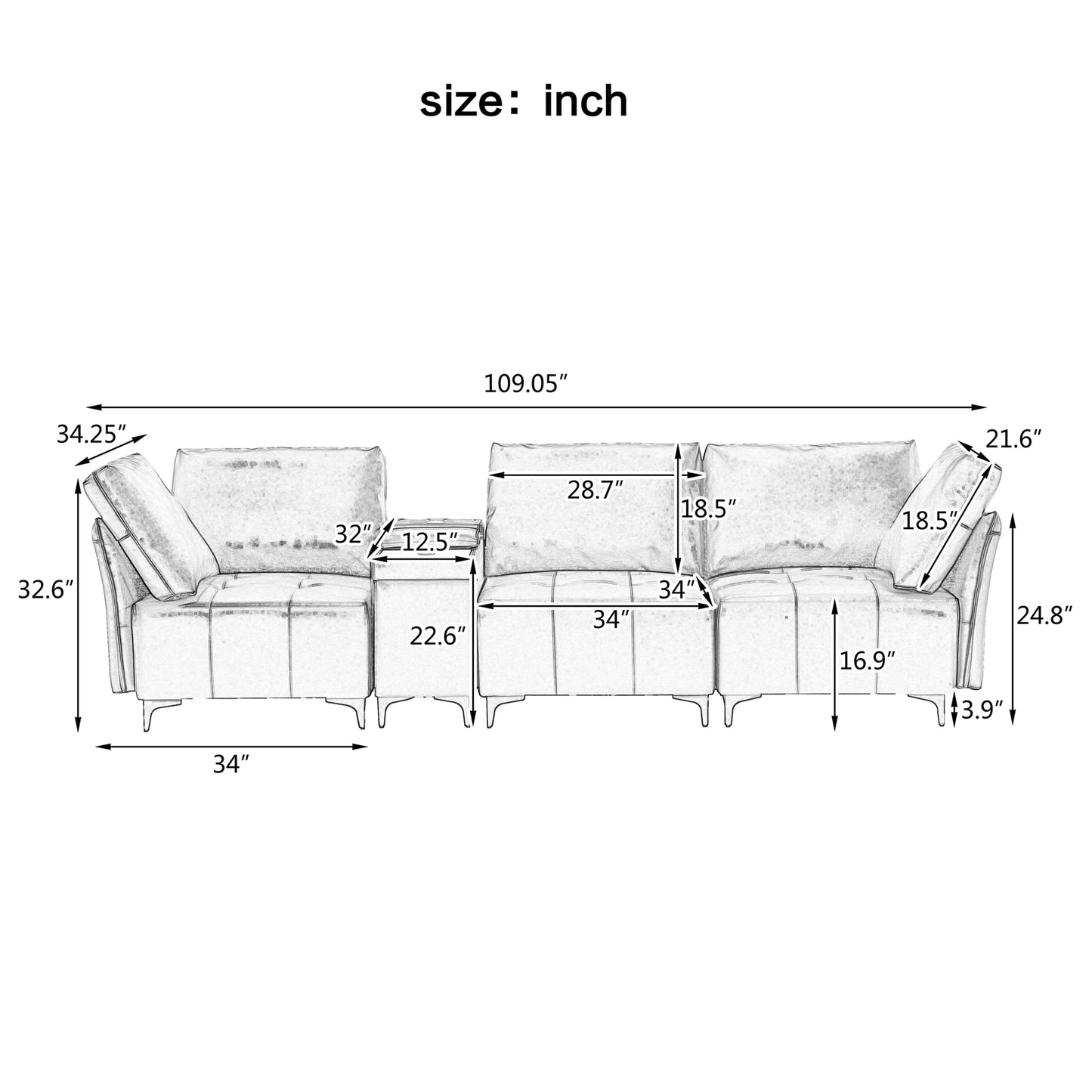 Modular Sectional Sofa,Multifunctional Couches for Living Room with Storage, mid console with speaker and storage,2 USB port and 1 type-C ,wireless charging ceramic top,aluminum cup holder.